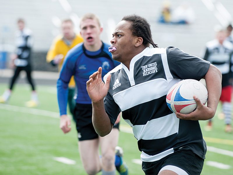 (Photo by Roy Feldman) There are 40 club rugby teams in Michigan — 30 boys teams and 10 girls teams. Pictured is Troy United senior Jaleen Parker during a scrimmage with St. Clair Shores Lakeview March 23 at Lakeview.